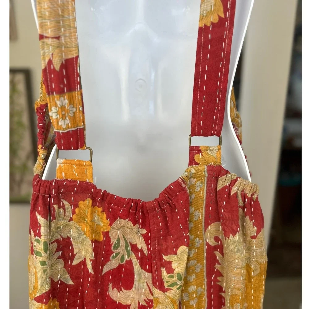 Kantha Karma NWOT Quilted Overalls Size L-XL Gold Floral Patchwork Handcrafted‎